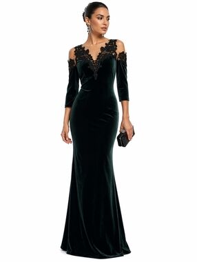 NWT $1095 Marchesa Notte Emerald Velvet Lace Cold Shoulder Gown Size 6